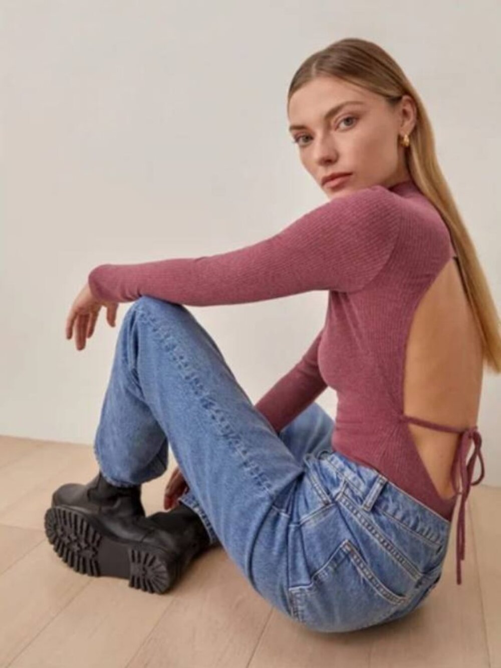 Reformation Jacques Ribbed Mock Neck Open Back Long Sleeves Bodysuit in Ruby
